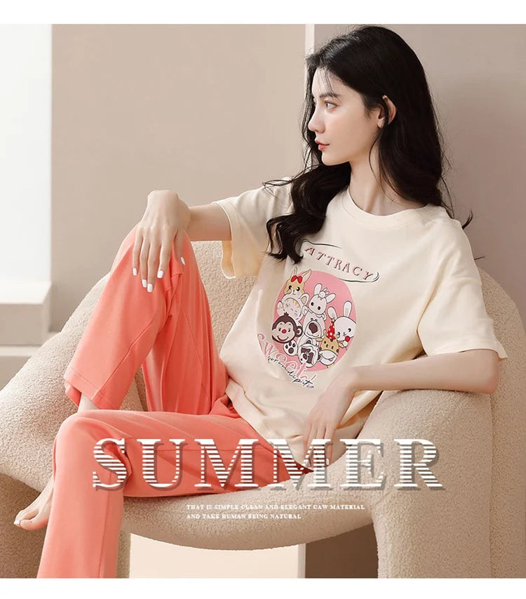 2024 Summer 100% Cotton Short Sleeve Long Pants Pajama Sets for Women Korean Cute Sleepwear Homewear Pijama Mujer Home Clothes