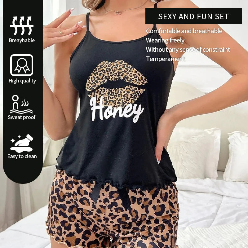 Women's Print Sexy Pajama Set Suspender Backless Short Sleeved and Elastic Waist Printed Leopard Print Shorts Pajama Set