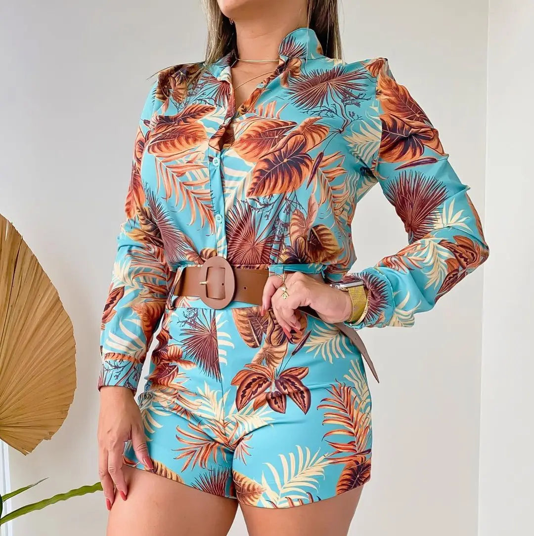 Womens Two Piece Sets Outfit Leaf Print Button Down Shirt & Shorts Set New Fashion 2023 Summer Casua Female Clothing Outfits