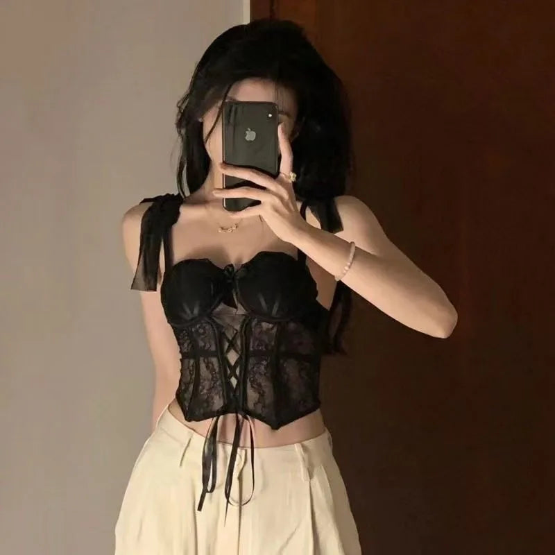 Sexy Camis Women Lace-up Hollow Short Padded Spring Summer Tops Female Chic Nightclub Hot Tunic Streetwear All-match Low Cut Ins