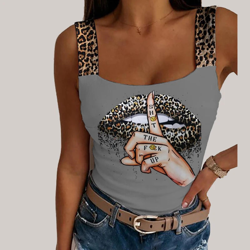 Sexy Tank Tops Women's Leopard Lips Print Sleeveless Crop Tops Fashion Party Club Summer Sleeveless Streetwear Bustier Tops