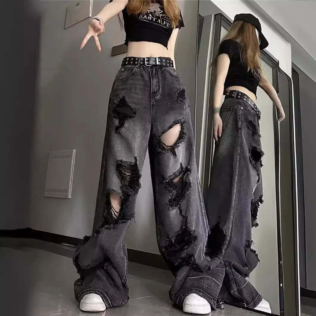 Unique Cool Ripped Jeans Women's Summer Distressed American Style Bell Bottoms Loose Fit Versatile Straight Leg Long Pants