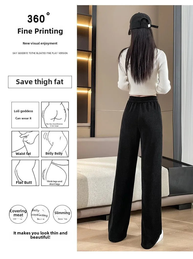 Fleece-lined Corduroy Bell Bottoms High-waisted Loose-fit Thickened Sport Casual Straight-leg Pants For Women