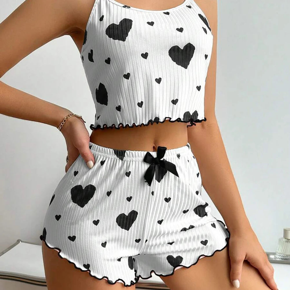 Women's Summer 2PCS Pajama Set Sling Vest with Shorts 2025 Newly Love Heart Print Spaghetti Strap Camisole Sleepwear for Girls