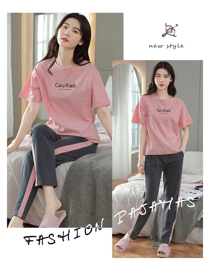 2024 Summer 100% Cotton Short Sleeve Long Pants Pajama Sets for Women Korean Cute Sleepwear Homewear Pijama Mujer Home Clothes