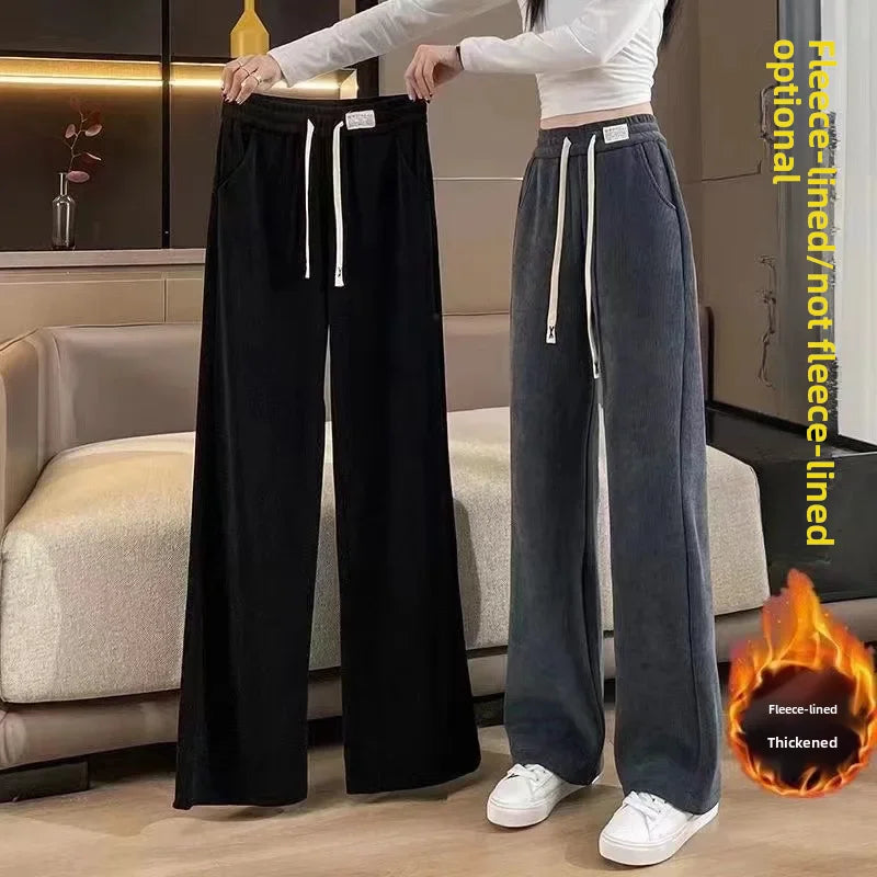 Fleece-lined Corduroy Bell Bottoms High-waisted Loose-fit Thickened Sport Casual Straight-leg Pants For Women