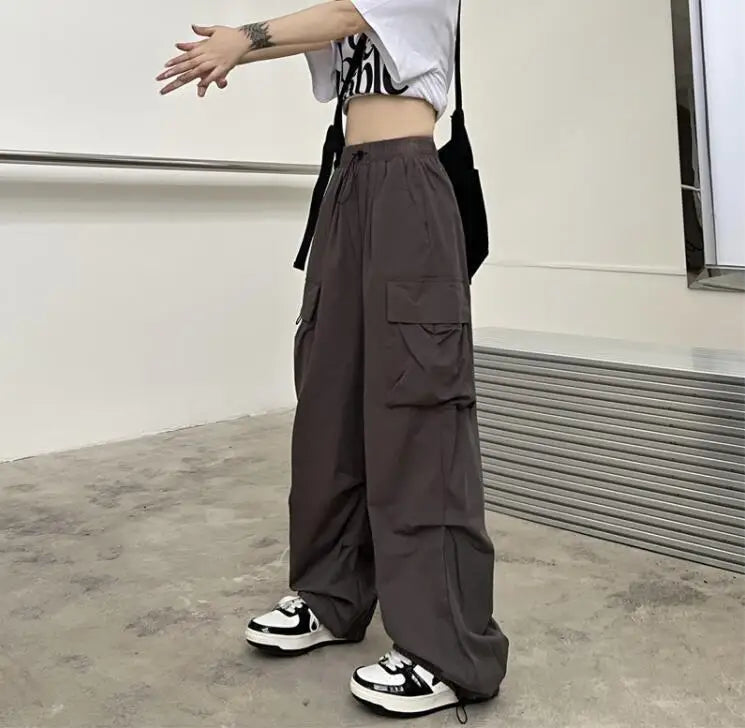 Women Long Cargo Pants Summer Elastic Waist Pocket Baggy Straight Loose Pants Casual Women Korean Trousers CDPF-WYP-51