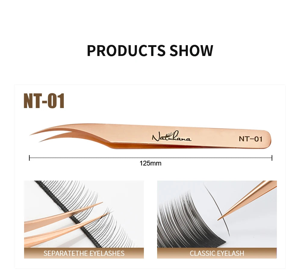 NATUHANA Anti-Static Eyelash Extension Tweezer Gold Stainless Steel Eyelashes Tweezers Professional for Volume Fan Makeup Tools