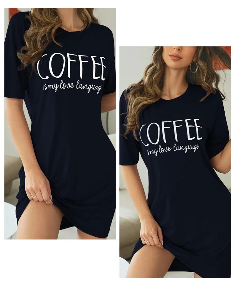 Milk Silk Nightgown For Women Nightdress Short Sleeve Cartoon Letter Print Nightgowns Sweet Casual Sleepwear Pijamas Sleep Dress