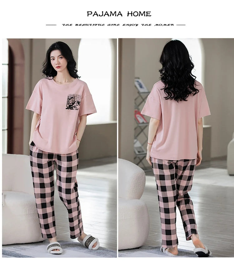 2024 Summer 100% Cotton Short Sleeve Long Pants Pajama Sets for Women Korean Cute Sleepwear Homewear Pijama Mujer Home Clothes