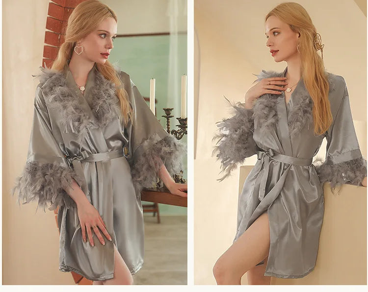 Robe Women Feather Bathrobe Nightwear Short Kimono Sleepwear Satin Wedding Bride Gown with Belt Luxury Nightgown Loungewear