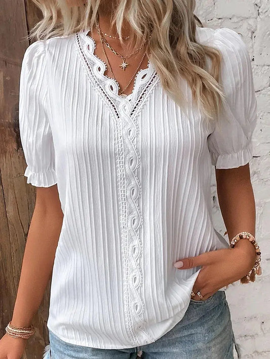 Elegante Bluse Solide Hemd Spitze 2023 Sommer Mode Hohl Kurzarm Pullover Top Büro Dame Hemd S-5XL