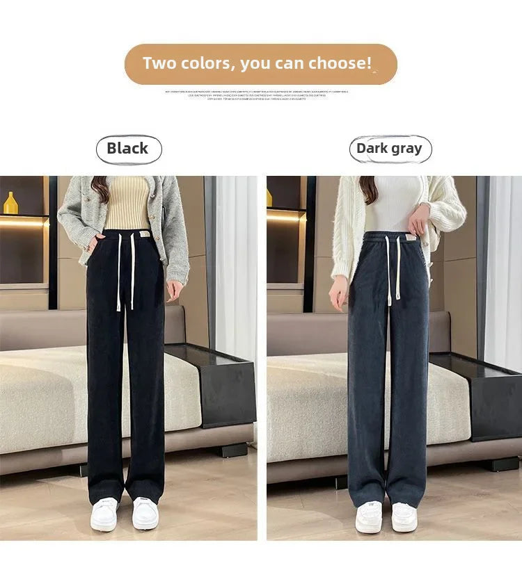 Fleece-lined Corduroy Bell Bottoms High-waisted Loose-fit Thickened Sport Casual Straight-leg Pants For Women