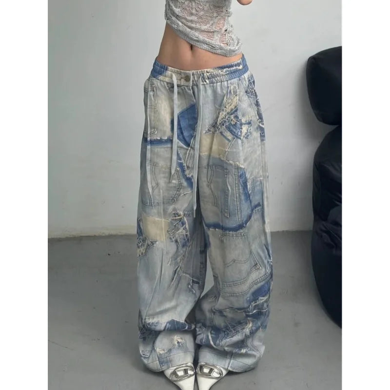 High Waist Women Tie Dyeing Jeans Hip-hop Style Vintage Streetwear Y2K Wide Leg Jean Plus Size Female Trouser Baggy Denim Pants