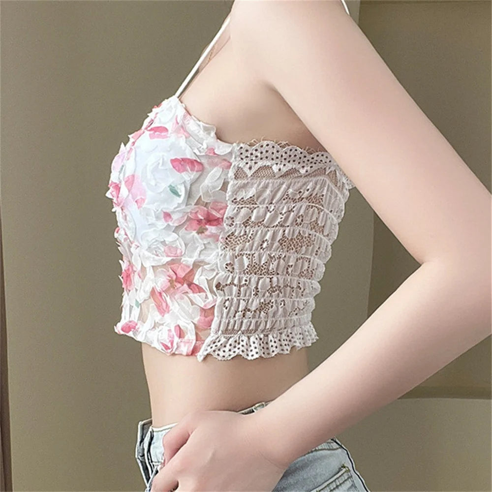 Fashion Floral Corset Vest Lace Crop Top Women Bra Mesh Tube Top Beauty Back Bra Fashion Sexy Tank Top Sweet Girls Lingerie