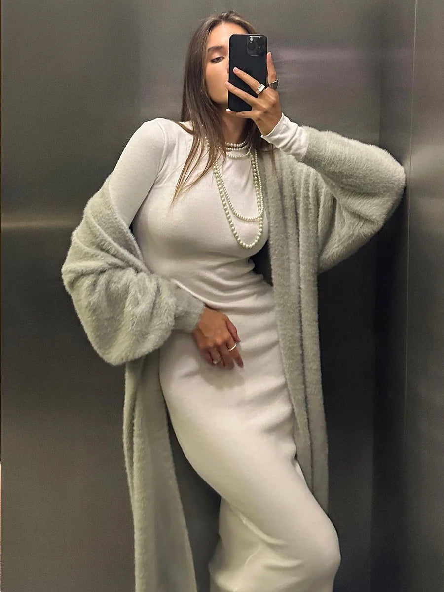 Hirsionsan  Soft Knitted Set Women Autumn Winter Casual Long Sweater Cardigan with Belt & Vest Midi Dresses Solid Tracksuit