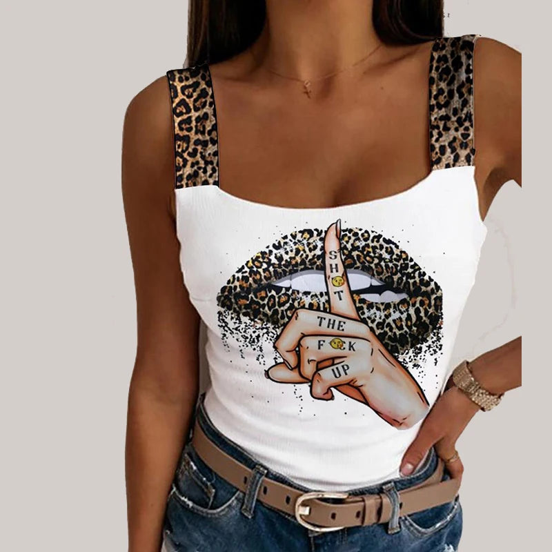 Sexy Tank Tops Women's Leopard Lips Print Sleeveless Crop Tops Fashion Party Club Summer Sleeveless Streetwear Bustier Tops