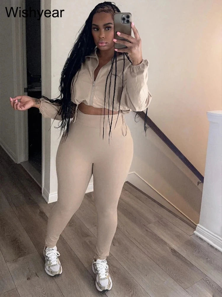 Fashion Khaki Jogging Pants Sets Women‘s Clothing Long Sleeve Crop Jacket and Leggings Two 2 Piece New Tracksuit Matching Suit