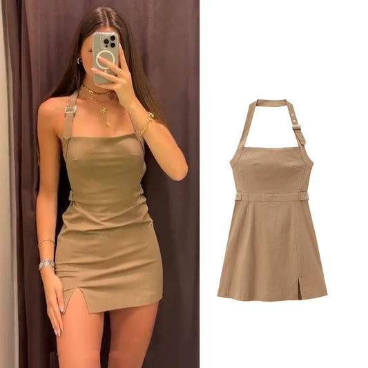 TRAF Dresses Women's Summer 2024 New Chic Tube Top Hanging Neck Slim Elegant Mini Holiday Dress Street Fashion Youth Dress