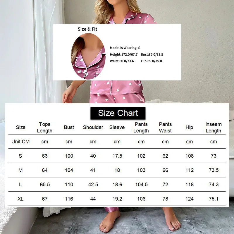 Women's Sleepwear Heart Print Satin Pajama Set Casual Short Sleeve Buttons Lapel Top & Pants Pajamas Soft Home Clothing Pyjamas