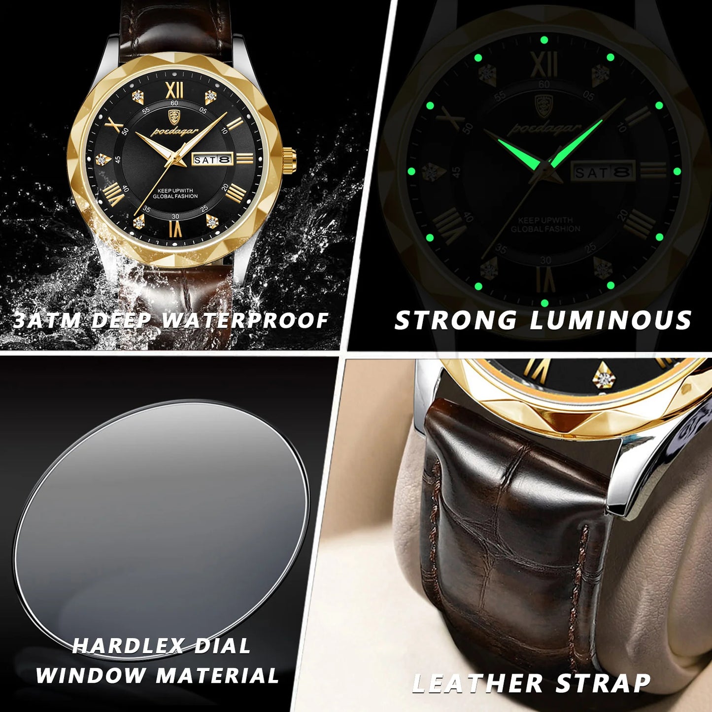 POEDAGAR Luxury Business Man Armbanduhr Wasserdicht Leucht Datum Woche Männer Uhr Für Männer Quarz Uhr Leder Herren Uhren reloj