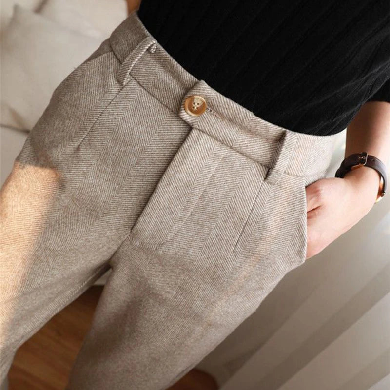 Woolen Pants Women Harem Pencil Pants Spring High Waist Pockets Suit Pants Office Lady Striped Zipper Trousers