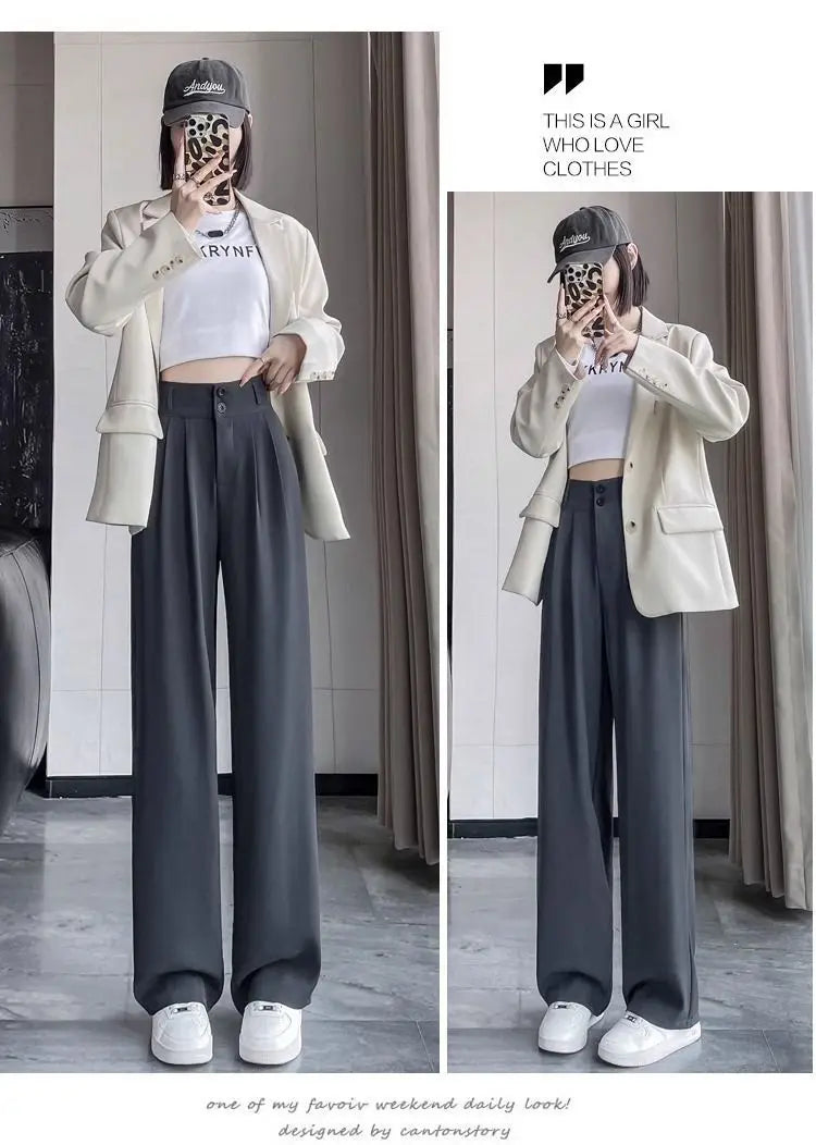 Korean High Waist Wide Leg Trousers Female Fall Summer Casual Loose Office Lady Suit Pants Fashion Baggy Outwear Clothing