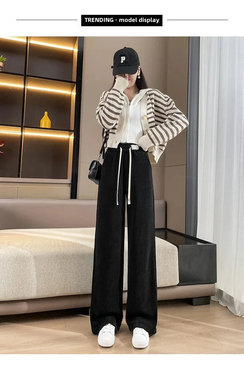 Fleece-lined Corduroy Bell Bottoms High-waisted Loose-fit Thickened Sport Casual Straight-leg Pants For Women