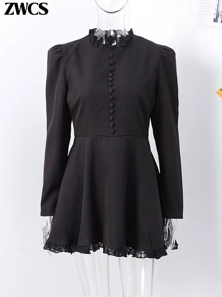 Ruffles Stand Collar Dress Women Black Long Sleeve Single Breasted Mini Dresses 2024 Autumn Ladies New Prom Robes