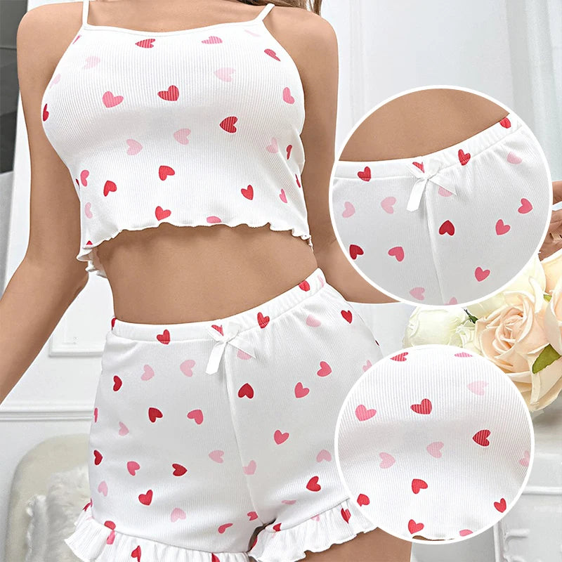 New Fashionable Women's Pink Fun Printed Pajama Set Women's Suspender Ruffle Top and Shorts Casual Home Pajama Set