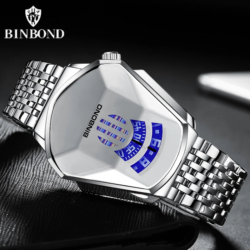 BINBOND Men Popular Fashion Motorcycle Concept Quartz Watch Luminous Steel Band Mesh Watch Touch Screen black technology watch