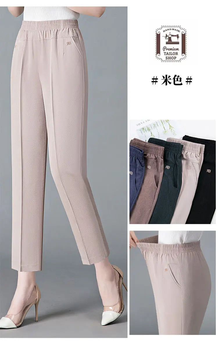 Vintage Loose Straight Pants Spring Summer Thin Women Streetwear Office Lady Casual Elastic High Waist Cropped Trousers 5XL