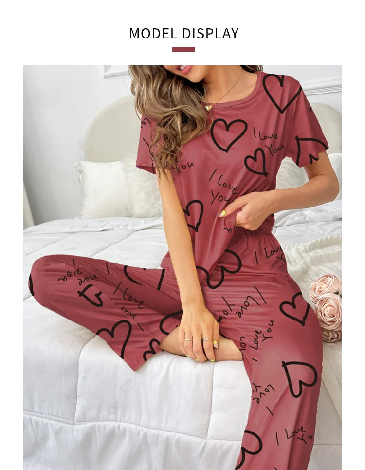 Women Pajamas Set Short Sleeve Shirt and Trousers Sleepwear Two Pieces Pyjamas Loungewear Nightwear Ladies Pijama Home Clothing