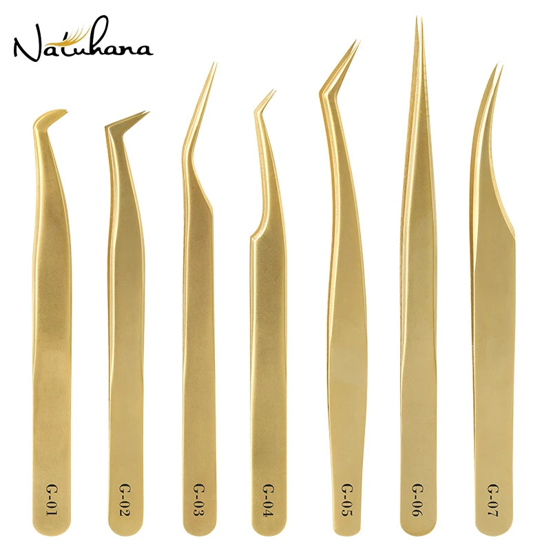 NATUHANA Anti-Static Eyelash Extension Tweezer Gold Stainless Steel Eyelashes Tweezers Professional for Volume Fan Makeup Tools