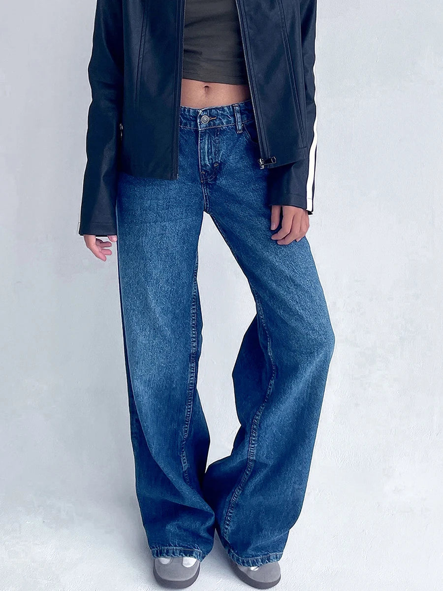 Women's Low Rise Jeans Wide Leg Trousers with Multi Pockets Oversized Fit Floor Length Buttons and with zip Washed Denim Pants