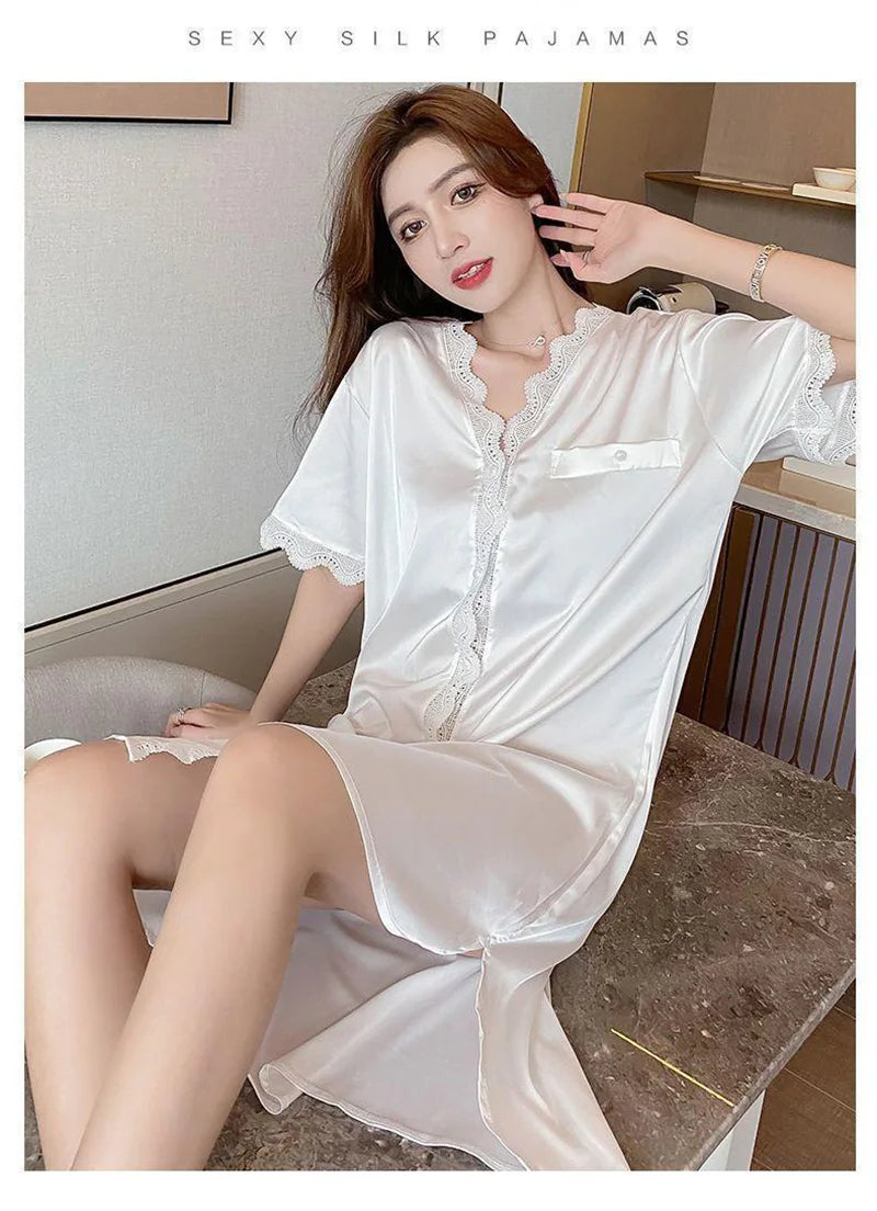 Elegant Ladies Short-Sleeved Pyjamas Sweet Wind Summer Sexy Nightgown V-Neck Cardigan Lace Lace Casual Home Wear Nightgowns