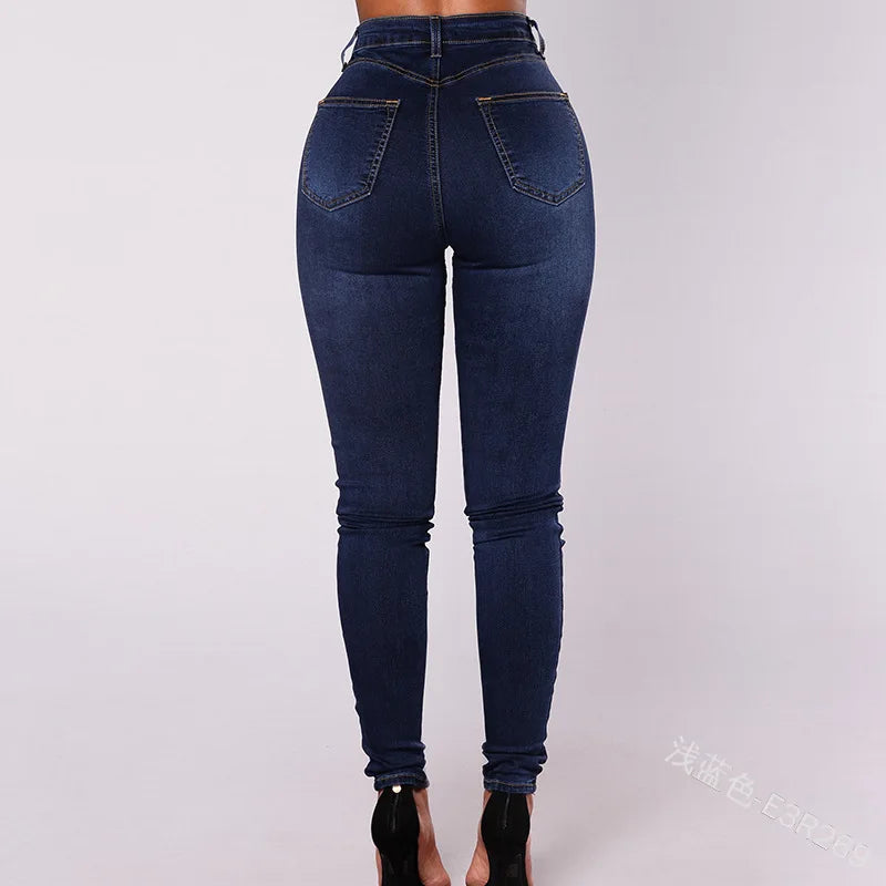 Women Elegant Vintage Stretch Bodycon Jeans Fashion Casual Double Breasted High Waist Skinny Denim Pants Trousers