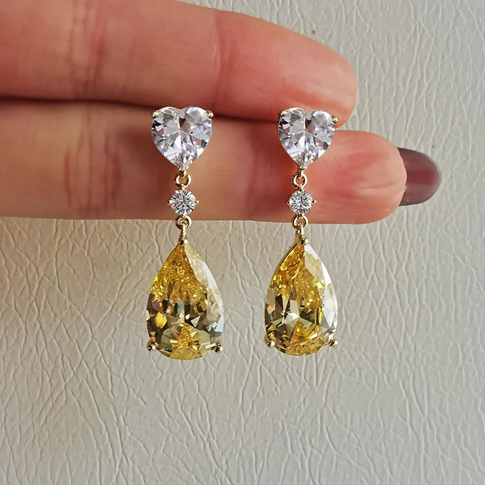 Huitan 2022 New Bridal Wedding Earrings Luxury Yellow Water Drop Cubic Zirconia Heart Dangle Earrings for Women Fashion Jewelry