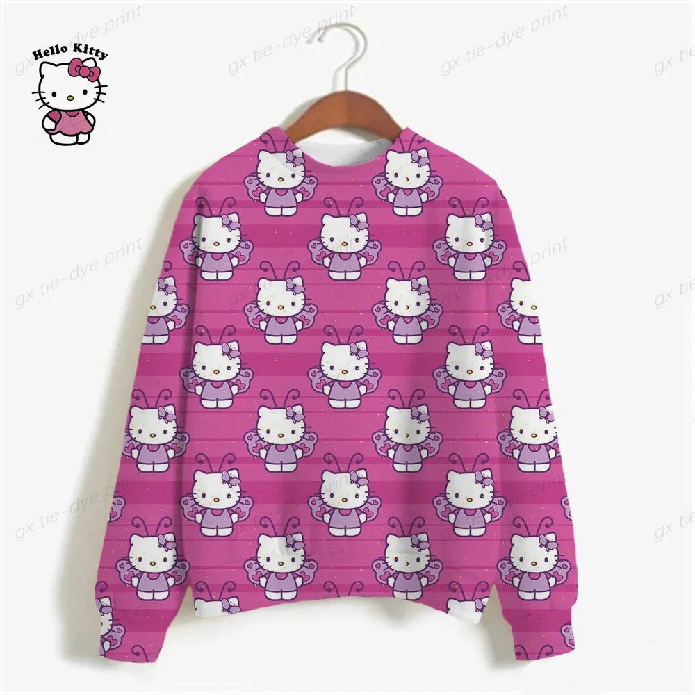 Korean Fashion Hoodies for Women Thin Chic Hooded HELLO KITTY Print Sweatshirt Female autumn Loose Cartoon Print Top y2k