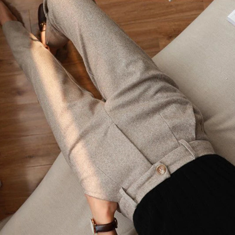 Woolen Pants Women Harem Pencil Pants Spring High Waist Pockets Suit Pants Office Lady Striped Zipper Trousers