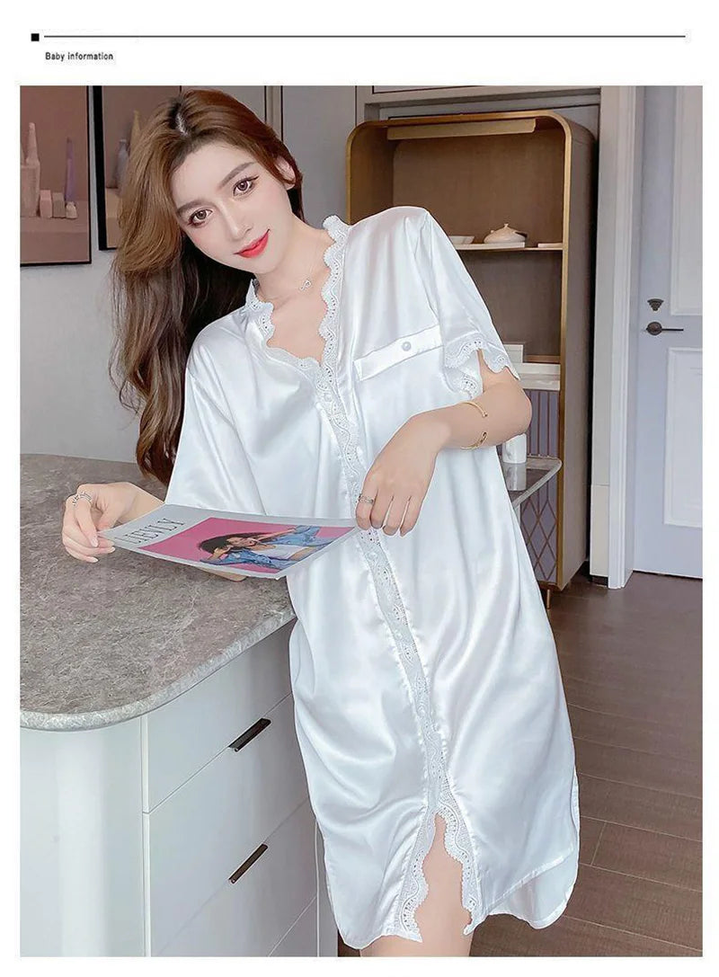 Elegant Ladies Short-Sleeved Pyjamas Sweet Wind Summer Sexy Nightgown V-Neck Cardigan Lace Lace Casual Home Wear Nightgowns