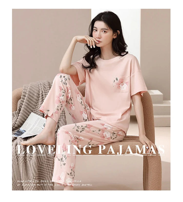 2024 Summer 100% Cotton Short Sleeve Long Pants Pajama Sets for Women Korean Cute Sleepwear Homewear Pijama Mujer Home Clothes