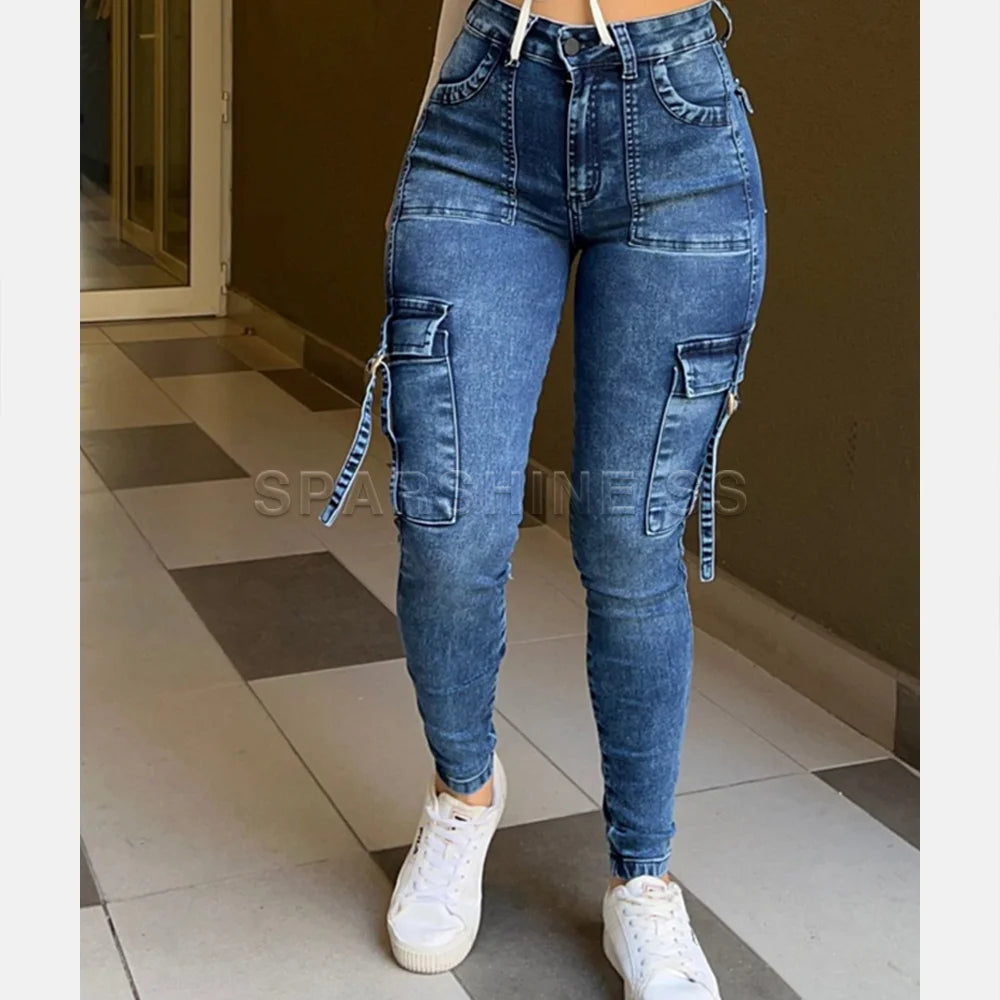 2024 Women Skinny Jeans Casual  Fashion Legging Pants High Waisted Trousers Y2k Streetwear Denim Pants Hip Lift Pocket Design