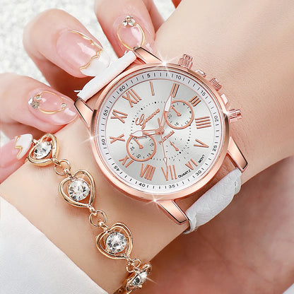 Women Watch Rhinestone Heart Jewelry Set Geneva Watch Casual Leather Band Quartz Wristwatch（Without Box）