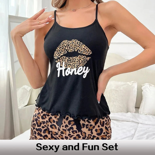 Women's Print Sexy Pajama Set Suspender Backless Short Sleeved and Elastic Waist Printed Leopard Print Shorts Pajama Set