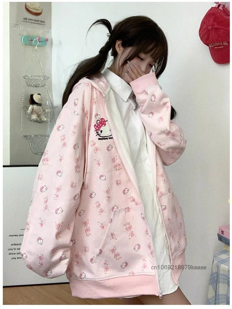 Sanrio Hello Kitty Cute Cat Hoodie Women's Autumn Winter New Loose Lazy Cardigan Japanese Style Y2k Sweet Soft Girl Trendy Coat