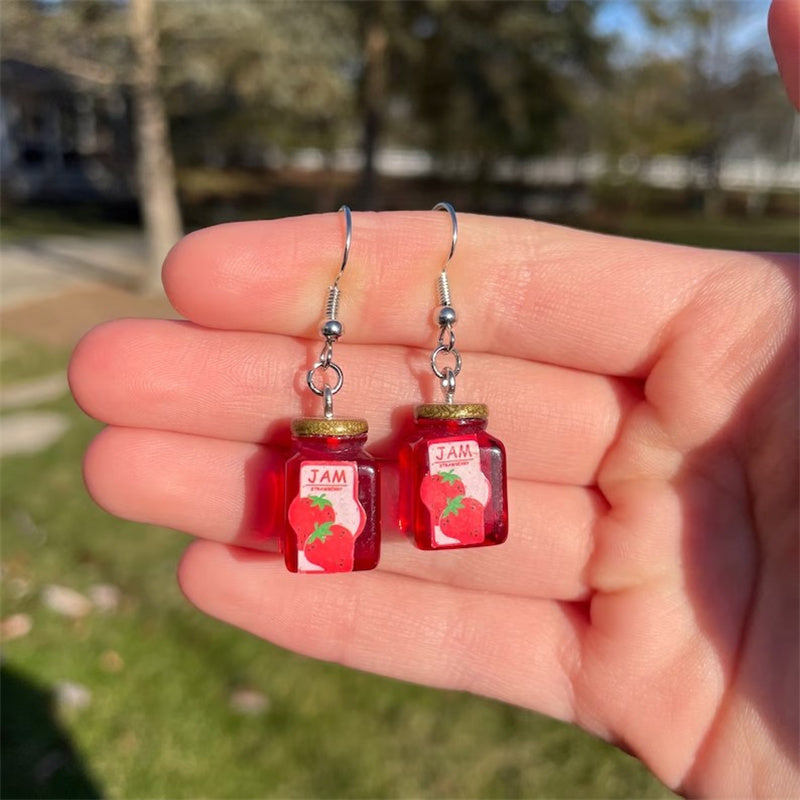 Novelty Strawberry Jam Jar Earrings Simulated Transparent Strawberry Honey Jam Resin Accessories Handmade Unique Jewelry Gifts