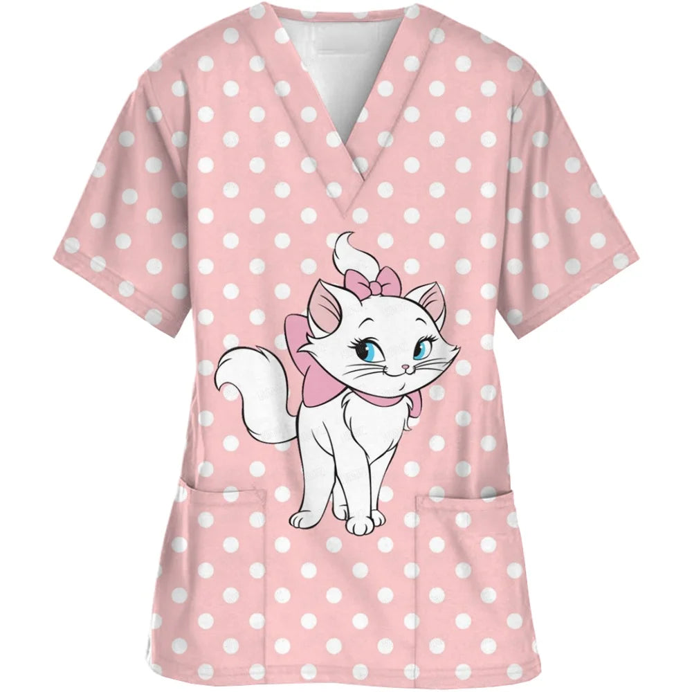 2024 Summer Disney Pet Mary Cat Pink Printed Matte Top Pet Shop Medical Uniform Nurse V-neck Shirt Women's Nurse Top