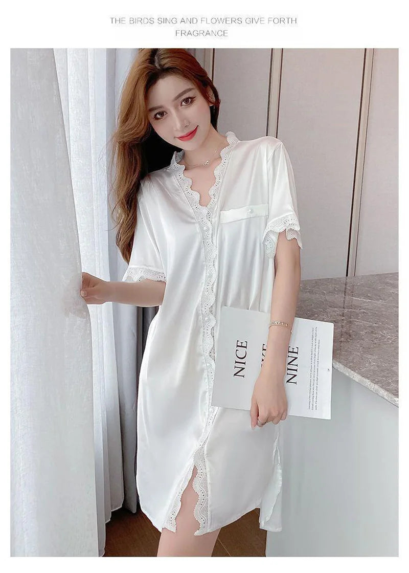 Elegant Ladies Short-Sleeved Pyjamas Sweet Wind Summer Sexy Nightgown V-Neck Cardigan Lace Lace Casual Home Wear Nightgowns