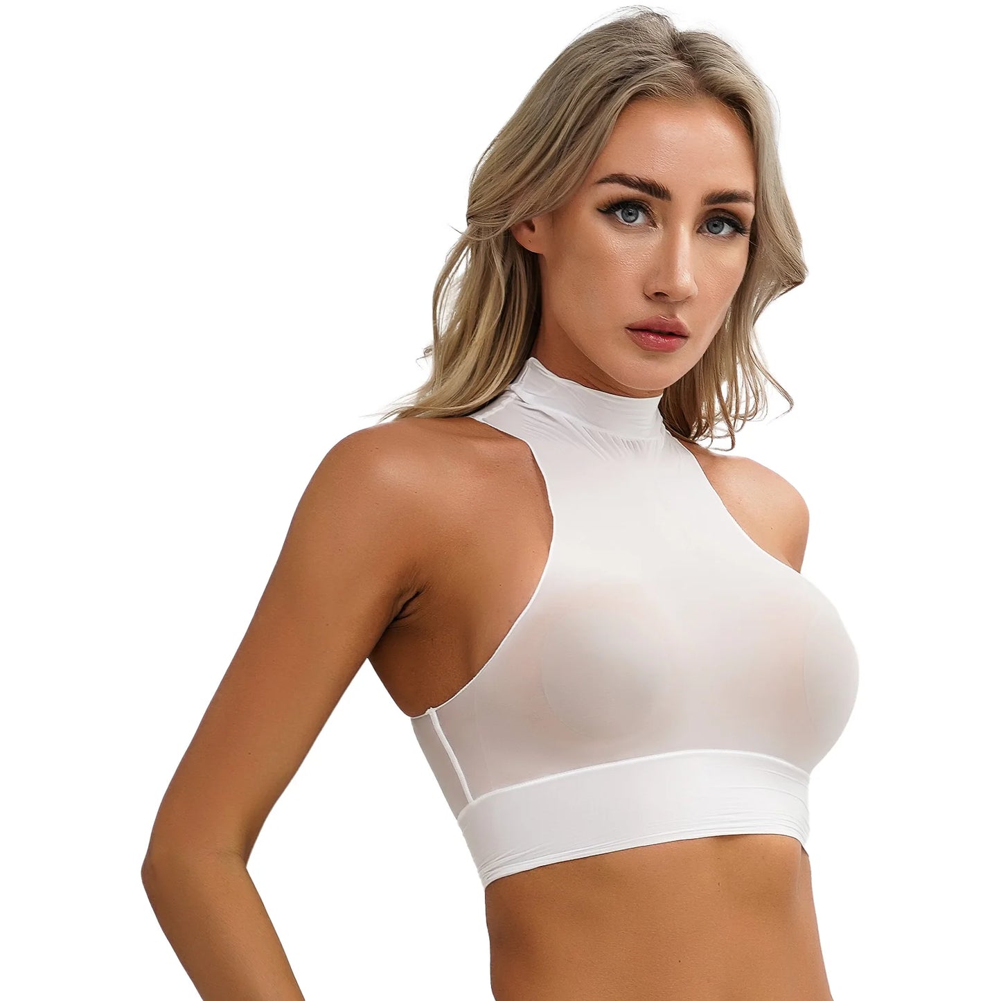 Womens Glossy Crop Tops Mock Neck Sleeveless Sheer See-Through Slim Fit Vest Tops for Swimwear Pool Party Clubwear Nightwear